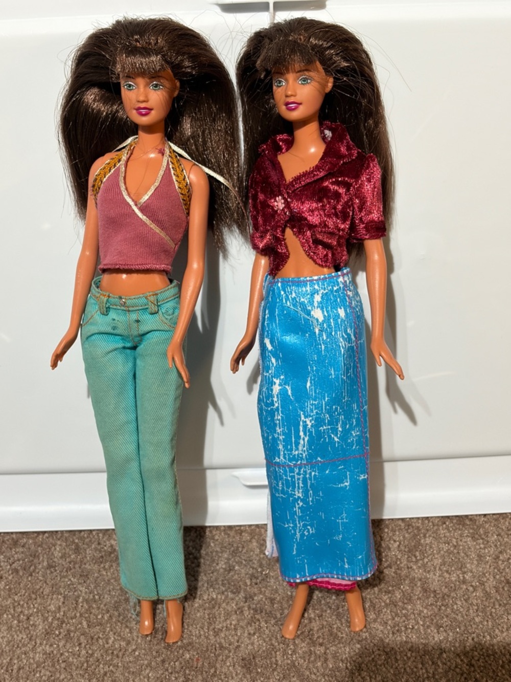 Vintage Twin Doll Outfit Lot - Teal Jeans & Blue Skirt with Maroon Tops